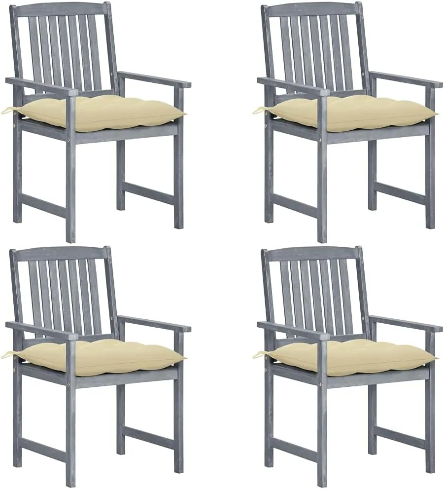 4-Piece Gray Solid Acacia Wood Patio Chairs Set with Cream Cushions Outdoor Furniture for Backyard Poolside Lounge Camping Beach