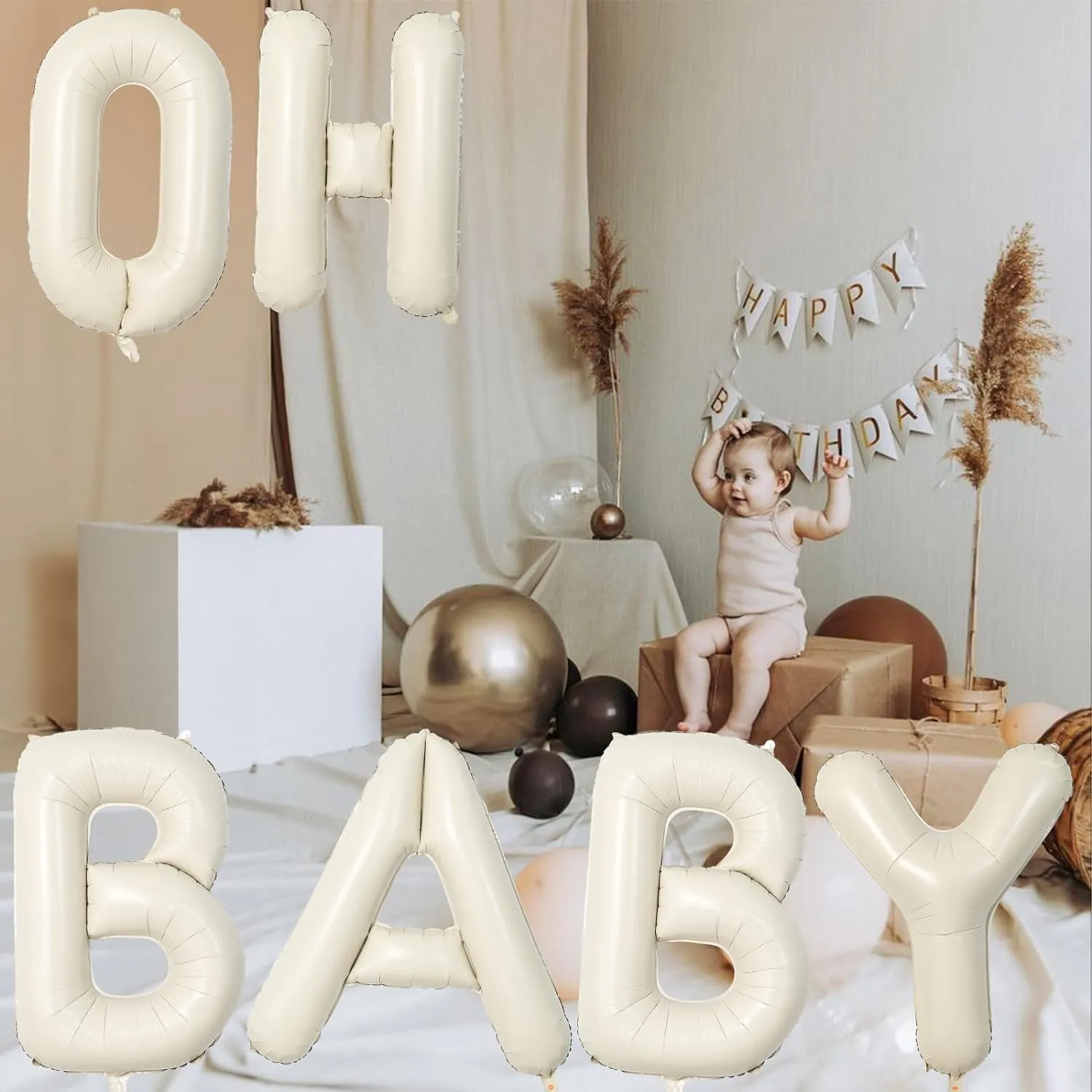 40 Inch Beige OH BABY Balloon for Baby Shower, Large Cream White Oh Baby Balloons Letters with Ribbon, Neutral Ivory Alphabet Oh Baby Balloon Banner Sign for Gender Reveal Backdrop Party Decorations