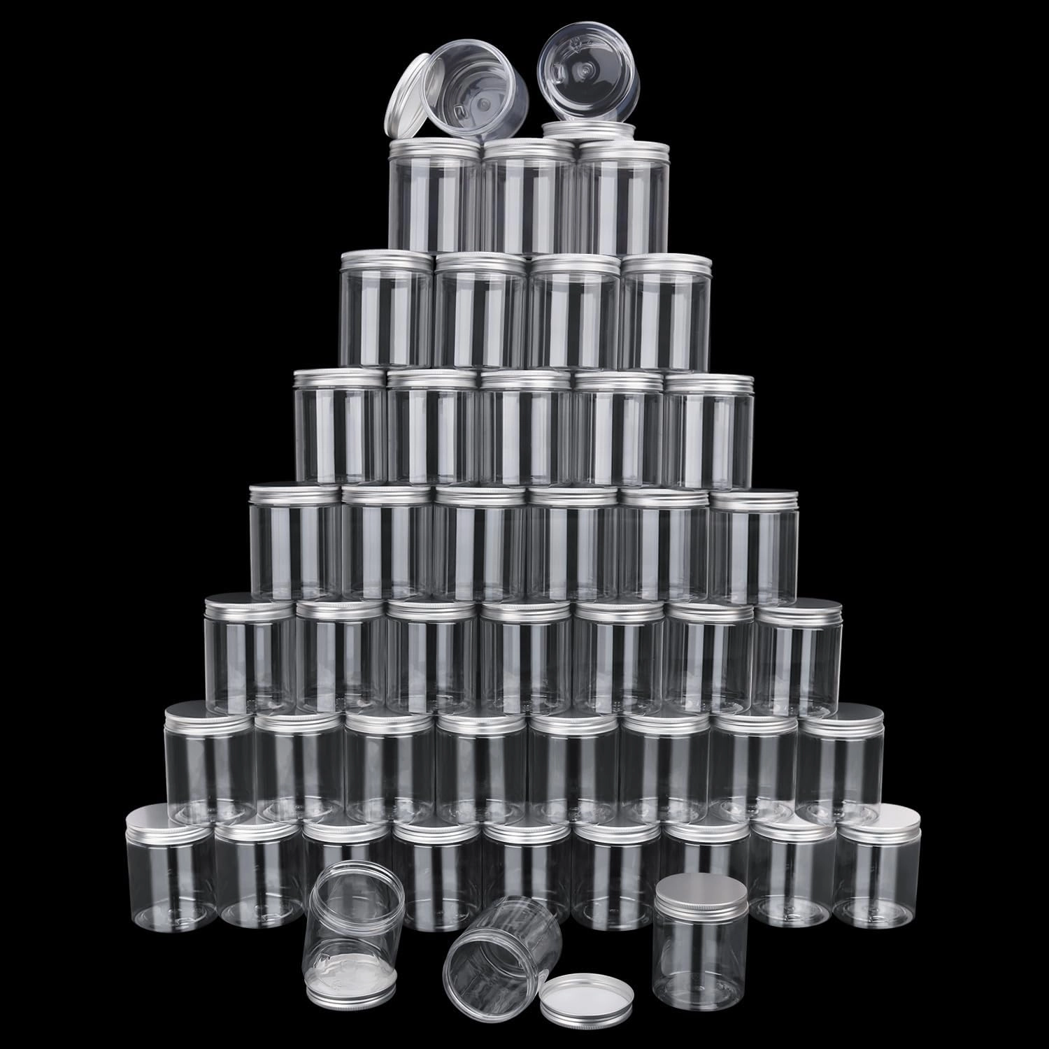 48 Packs 8.8oz (250 ml) Clear Plastic Jars with Silver Lids, Cosmetic Containers jars with Wide-Mouth for slime, beads, rhinestones, sequins Cosmetics, Lotion, Cream, Ointments and More