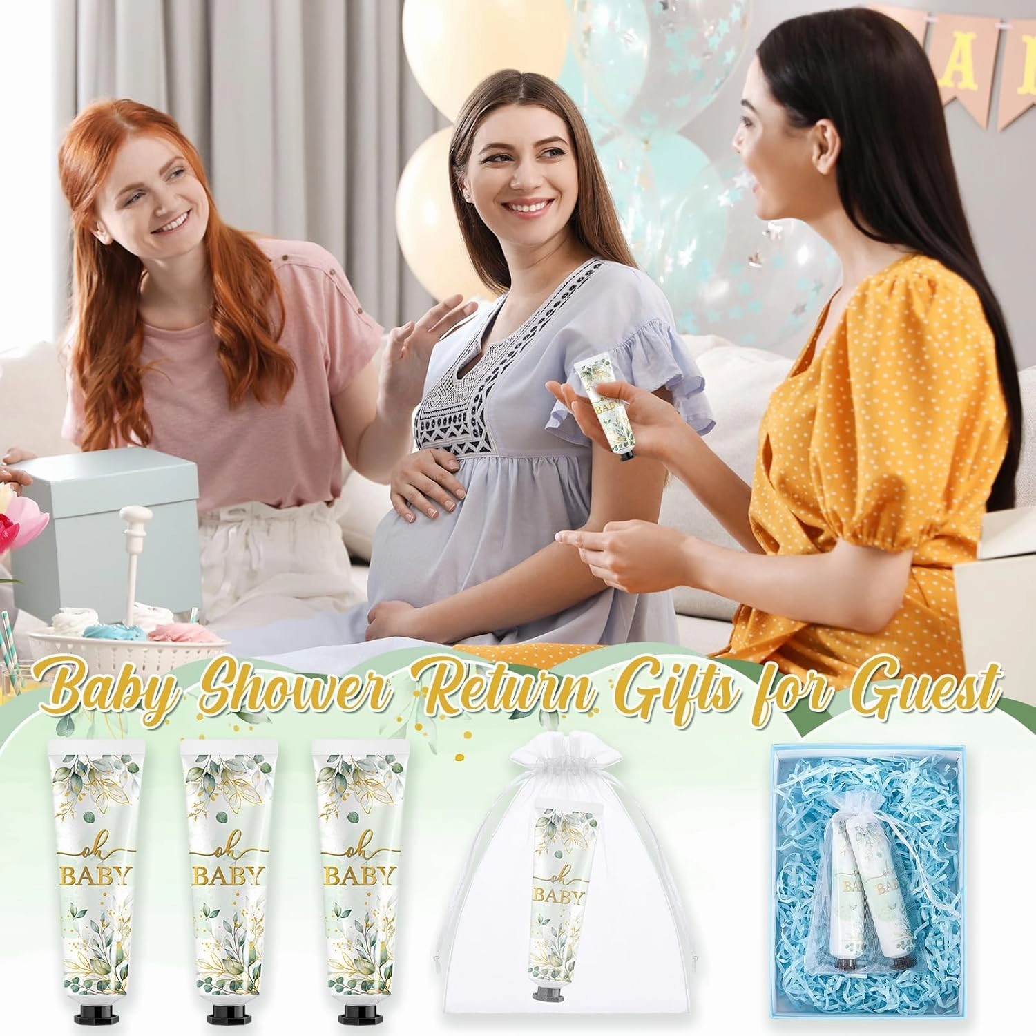 48 Sets Baby Shower Hand Cream Bulk Sage Greenery Baby Shower Favors Bridal Thank You Hand Cream for Guests Travel Size Lotion with Organza Bags