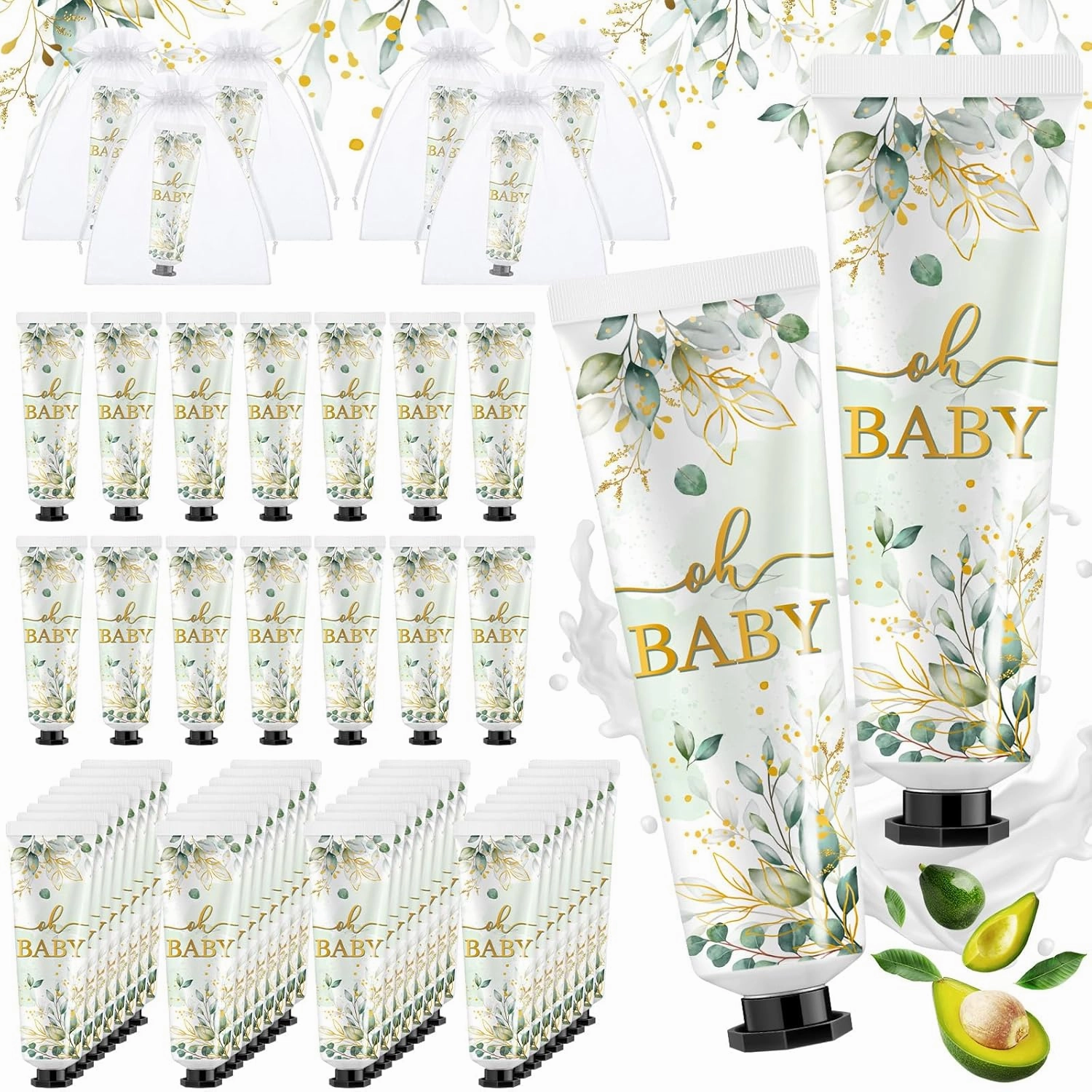 48 Sets Baby Shower Hand Cream Bulk Sage Greenery Baby Shower Favors Bridal Thank You Hand Cream for Guests Travel Size Lotion with Organza Bags