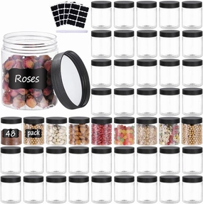 48PCS 8OZ Plastic Jars with Screw On Lids, Pen and Labels Refillable Empty Round Slime Cosmetics Containers for Storing Dry Food, Makeup, Slime, Honey Jam, Cream, Butter, Lotion