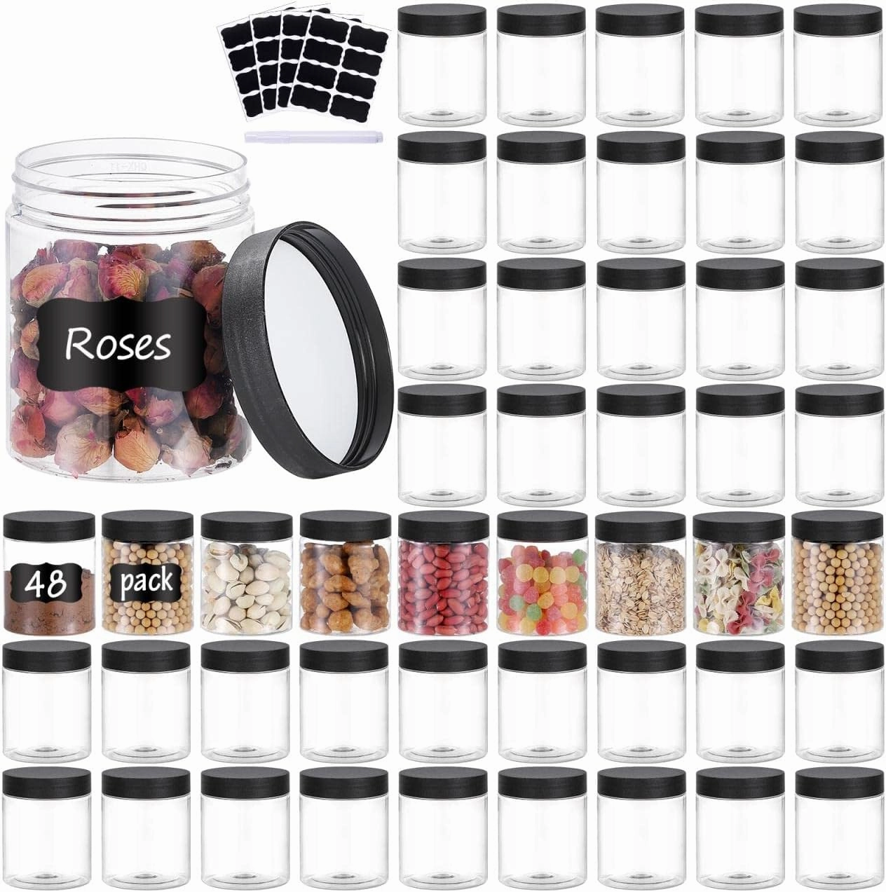 48PCS 8OZ Plastic Jars with Screw On Lids, Pen and Labels Refillable Empty Round Slime Cosmetics Containers for Storing Dry Food, Makeup, Slime, Honey Jam, Cream, Butter, Lotion