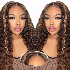 4/27 Glueless Wigs Human Hair Pre Plucked Pre Cut, Highlight Ombre Deep Wave Wigs, 5x5 HD Lace Closure, No Glue Ready to Wear Wig for Women, Soft, Beginners Friendly, 200 Density, 24 Inch