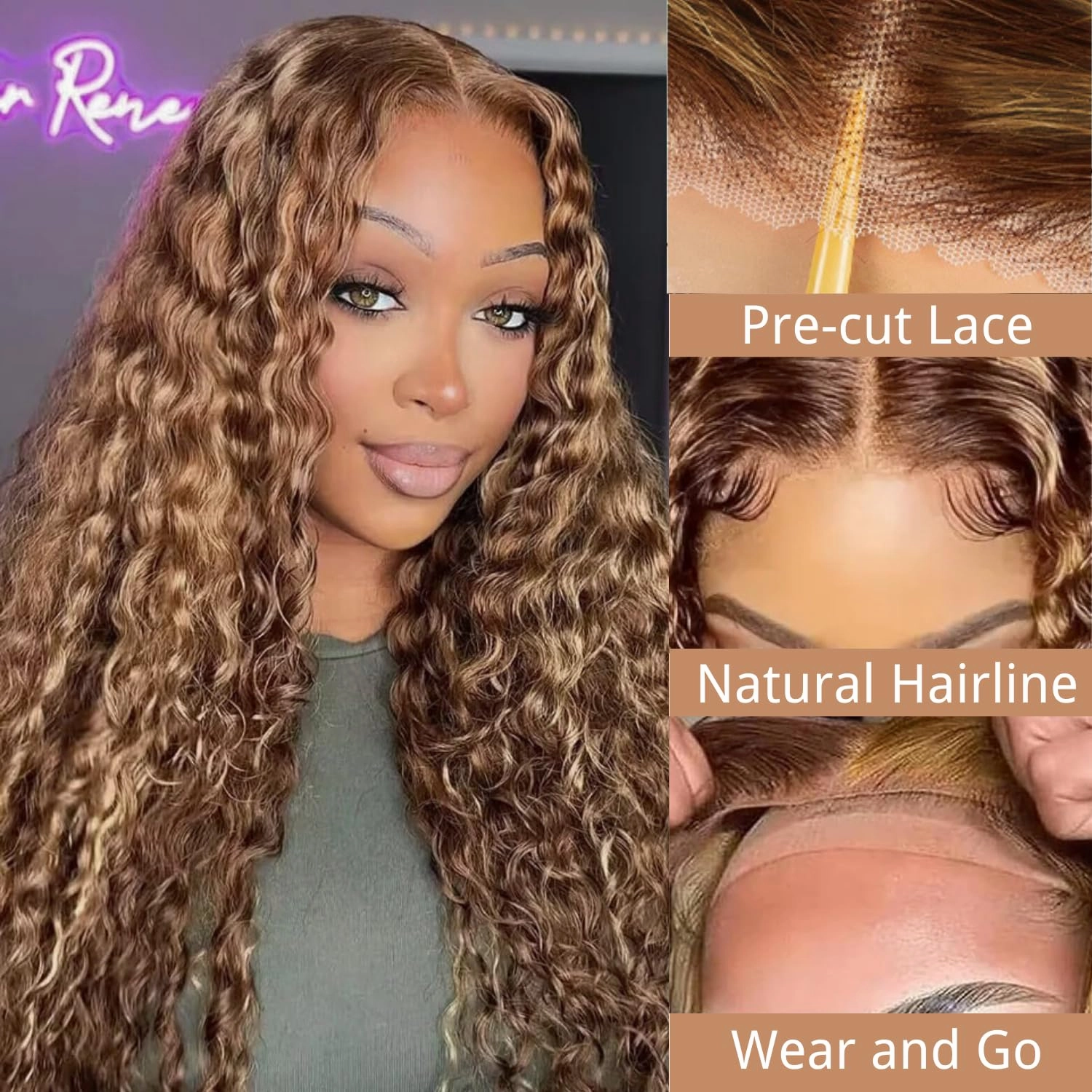 4/27 Glueless Wigs Human Hair Pre Plucked Pre Cut, Highlight Ombre Deep Wave Wigs, 5x5 HD Lace Closure, No Glue Ready to Wear Wig for Women, Soft, Beginners Friendly, 200 Density, 24 Inch