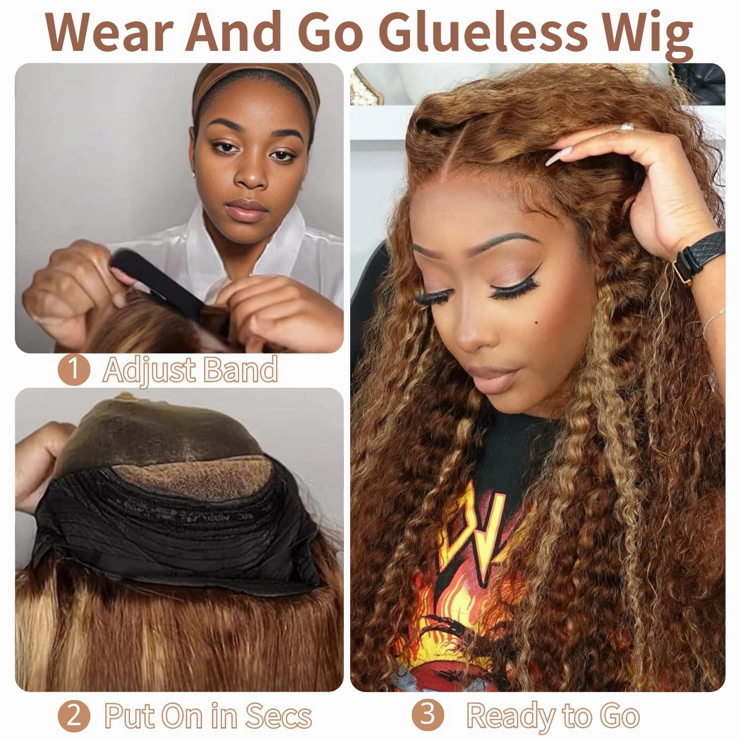 4/27 Glueless Wigs Human Hair Pre Plucked Pre Cut, Highlight Ombre Deep Wave Wigs, 5x5 HD Lace Closure, No Glue Ready to Wear Wig for Women, Soft, Beginners Friendly, 200 Density, 24 Inch