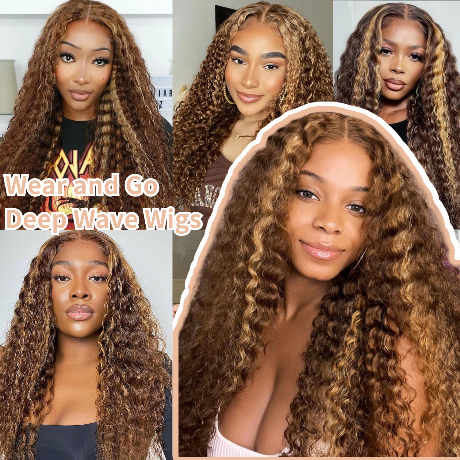 4/27 Glueless Wigs Human Hair Pre Plucked Pre Cut, Highlight Ombre Deep Wave Wigs, 5x5 HD Lace Closure, No Glue Ready to Wear Wig for Women, Soft, Beginners Friendly, 200 Density, 24 Inch