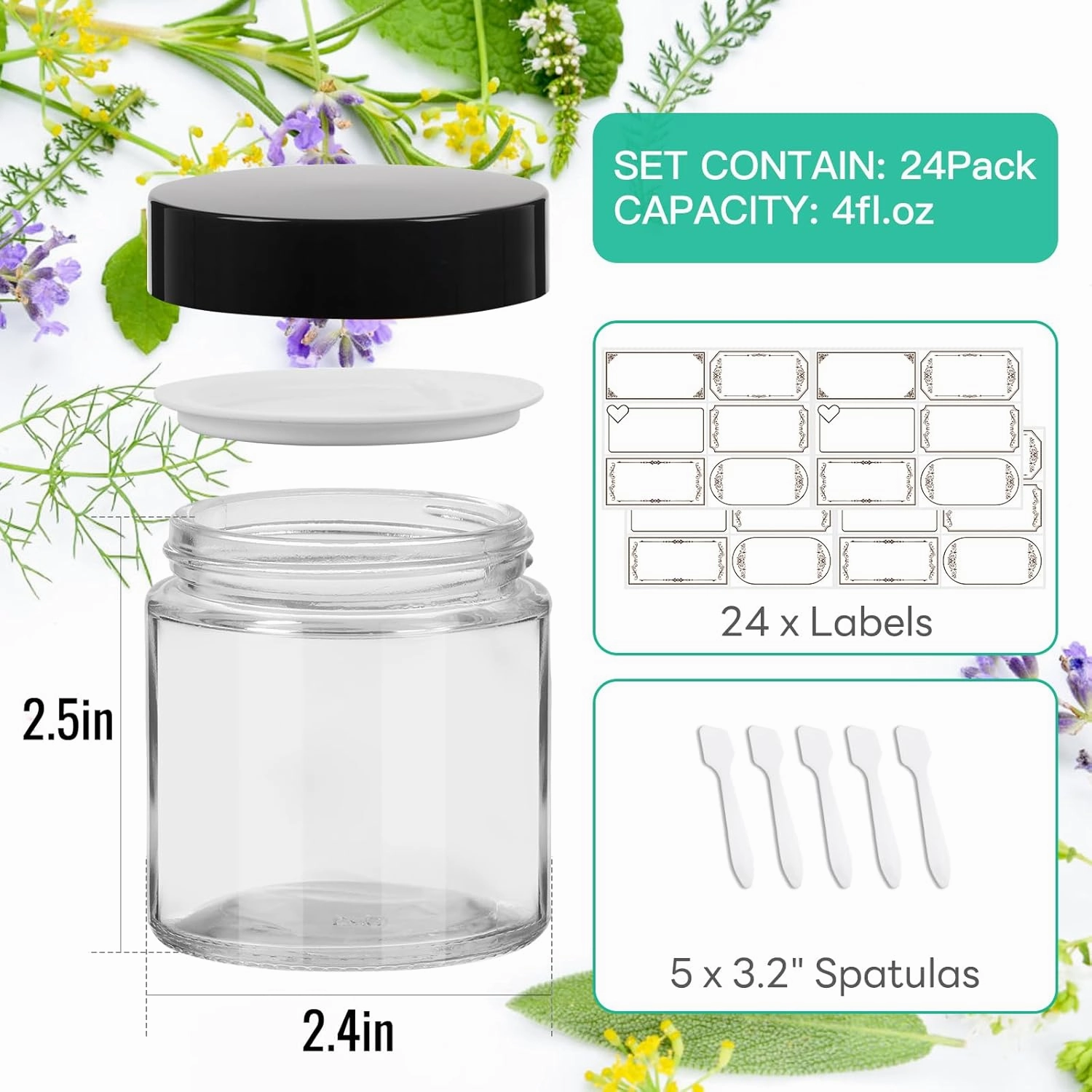 4 oz Clear Round Glass Jars with Black Lids 24 Pack- Portable Empty Glass Containers with Inner Liners for Cosmetic, Food Storage, Body Butters, Body Butter, Candle Jars