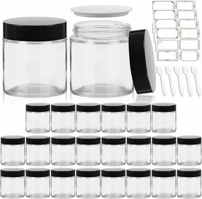 4 oz Clear Round Glass Jars with Black Lids 24 Pack- Portable Empty Glass Containers with Inner Liners for Cosmetic, Food Storage, Body Butters, Body Butter, Candle Jars