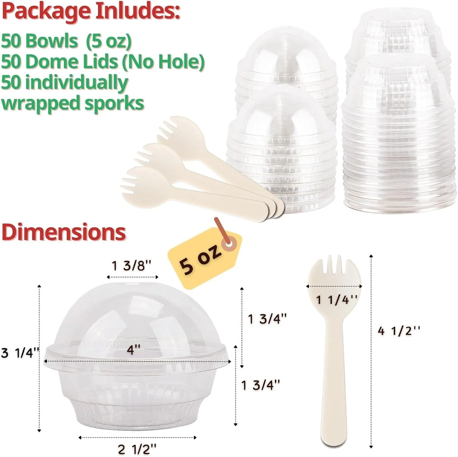 5 oz Clear Plastic Parfait Cups with Dome Lids (NO HOLE) & Sporks, (50 Sets) Disposable Plastic Cups/Bowls for Cereal Parfait, Pudding, Jello, Ice Cream, Yogurt, Dessert, On The Go Plastic Fruit Cup