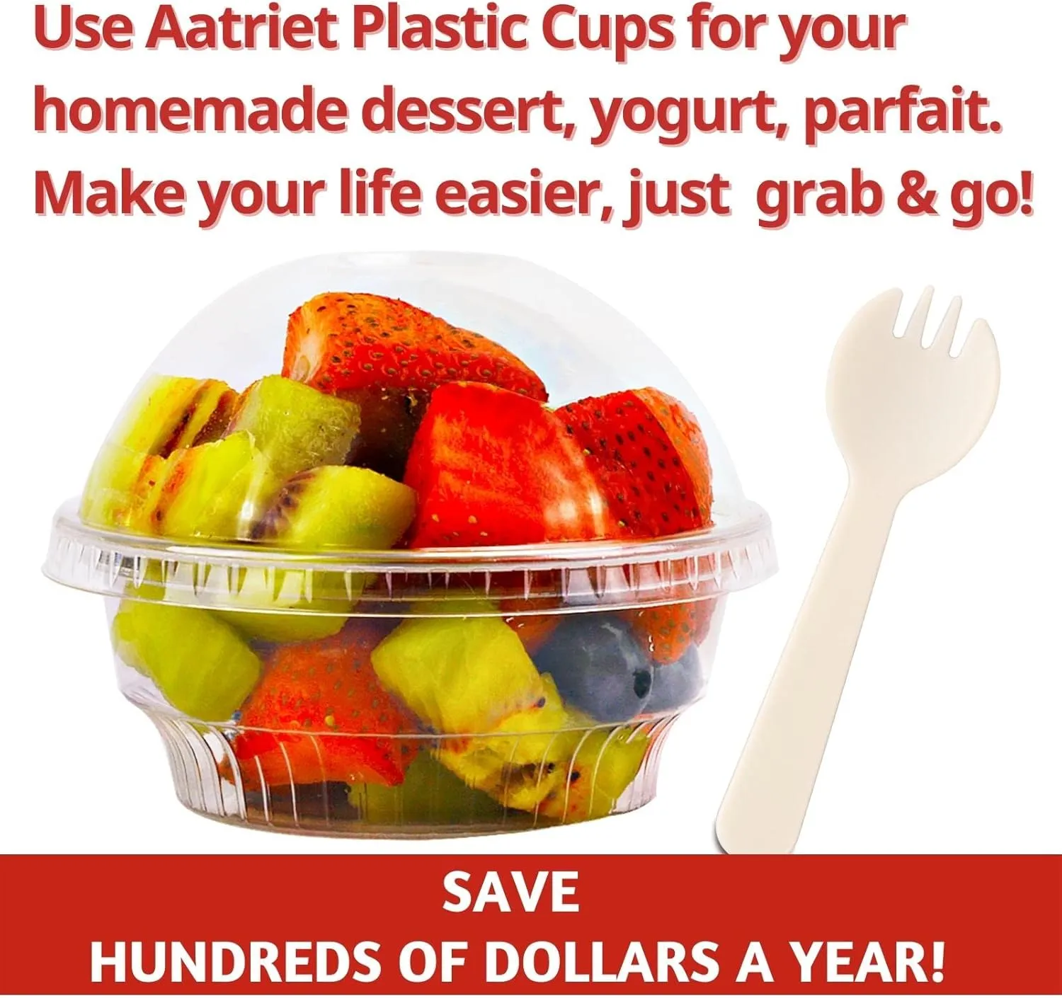 5 oz Clear Plastic Parfait Cups with Dome Lids (NO HOLE) & Sporks, (50 Sets) Disposable Plastic Cups/Bowls for Cereal Parfait, Pudding, Jello, Ice Cream, Yogurt, Dessert, On The Go Plastic Fruit Cup