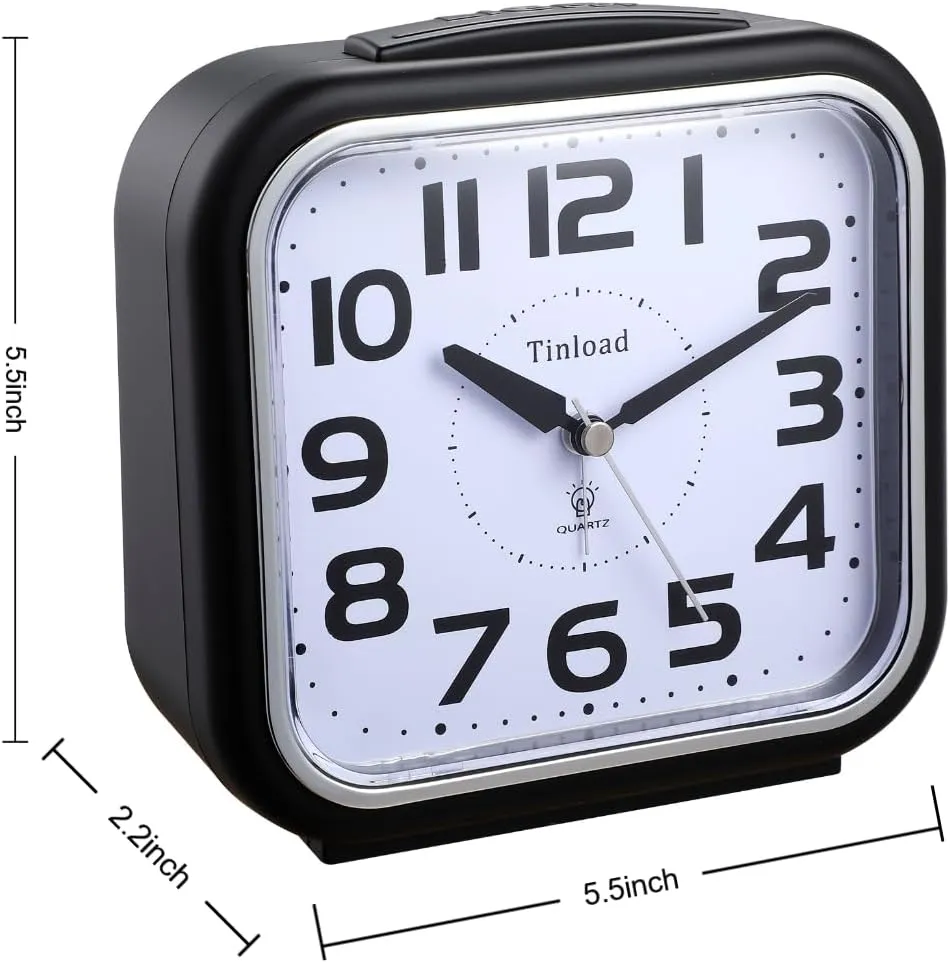 5.5" Extra Large Analog Alarm Clock Silent Non Ticking, Gentle Wake, Beep Sounds, Increasing Volume, Battery Operated Snooze and Manual Light, Easy Set, Black (Best for Elder)