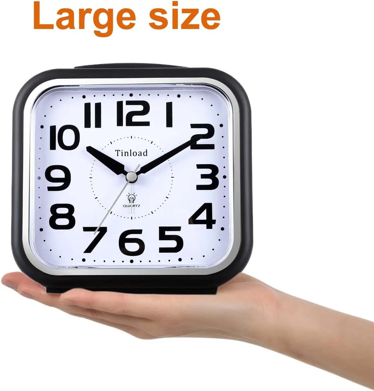 5.5" Extra Large Analog Alarm Clock Silent Non Ticking, Gentle Wake, Beep Sounds, Increasing Volume, Battery Operated Snooze and Manual Light, Easy Set, Black (Best for Elder)