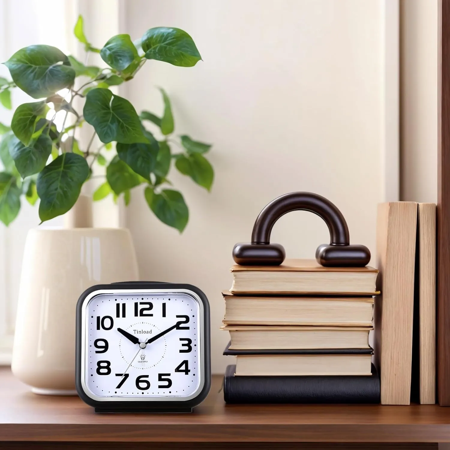 5.5" Extra Large Analog Alarm Clock Silent Non Ticking, Gentle Wake, Beep Sounds, Increasing Volume, Battery Operated Snooze and Manual Light, Easy Set, Black (Best for Elder)