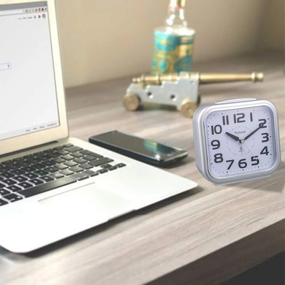 5.5" Extra Large Analog Alarm Clock Silent Non Ticking, Gentle Wake, Beep Sounds, Increasing Volume, Battery Operated Snooze and Manual Light, Easy Set, Silver