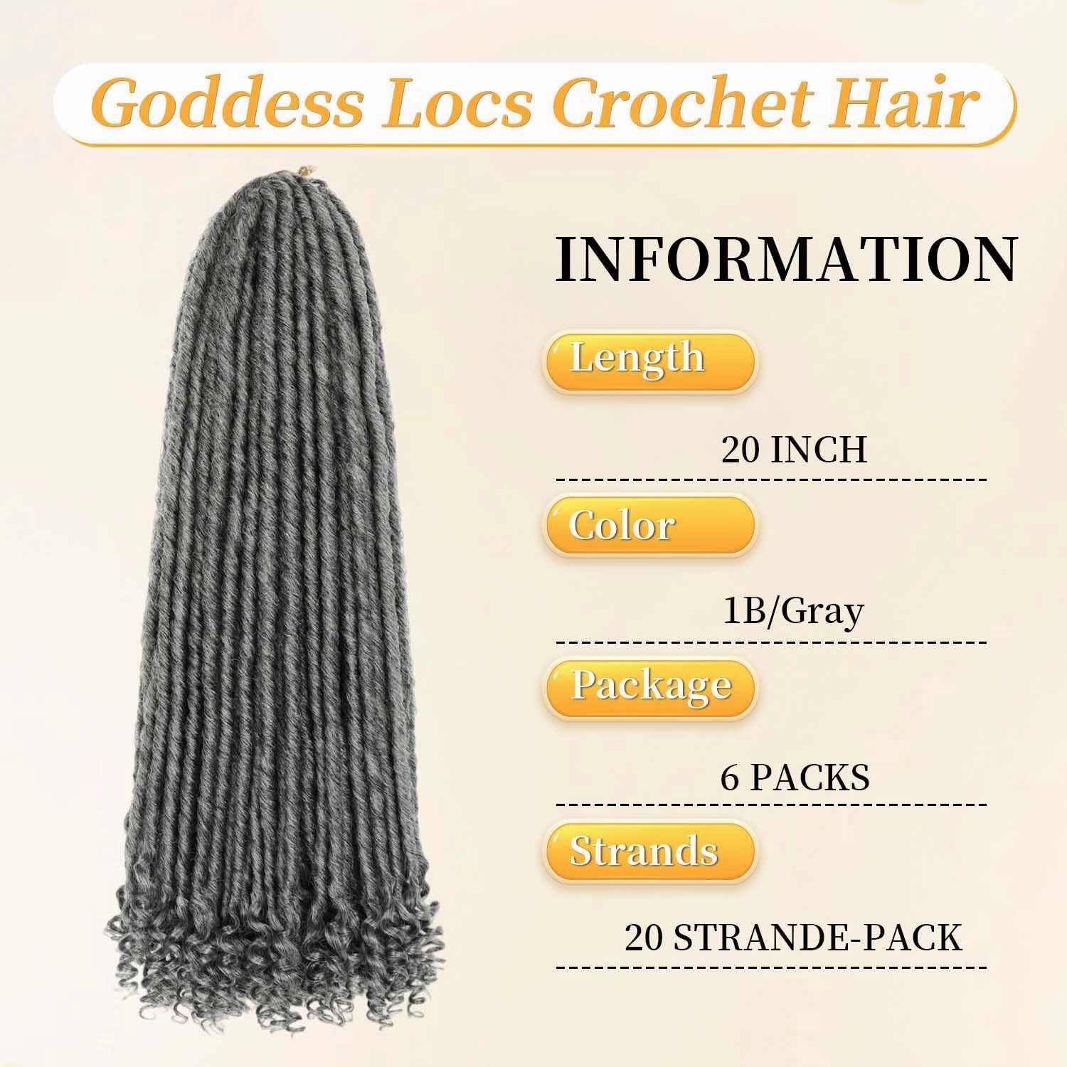 6 Packs Goddess Locs Crochet Hair, 20 Inch Straight Faux Locs Crochet Braids, Pre-Looped Curly Soft Synthetic Ombre Braiding Hair Extensions for Black Women(20 Inch, 6 Packs, 1B/Gray#)