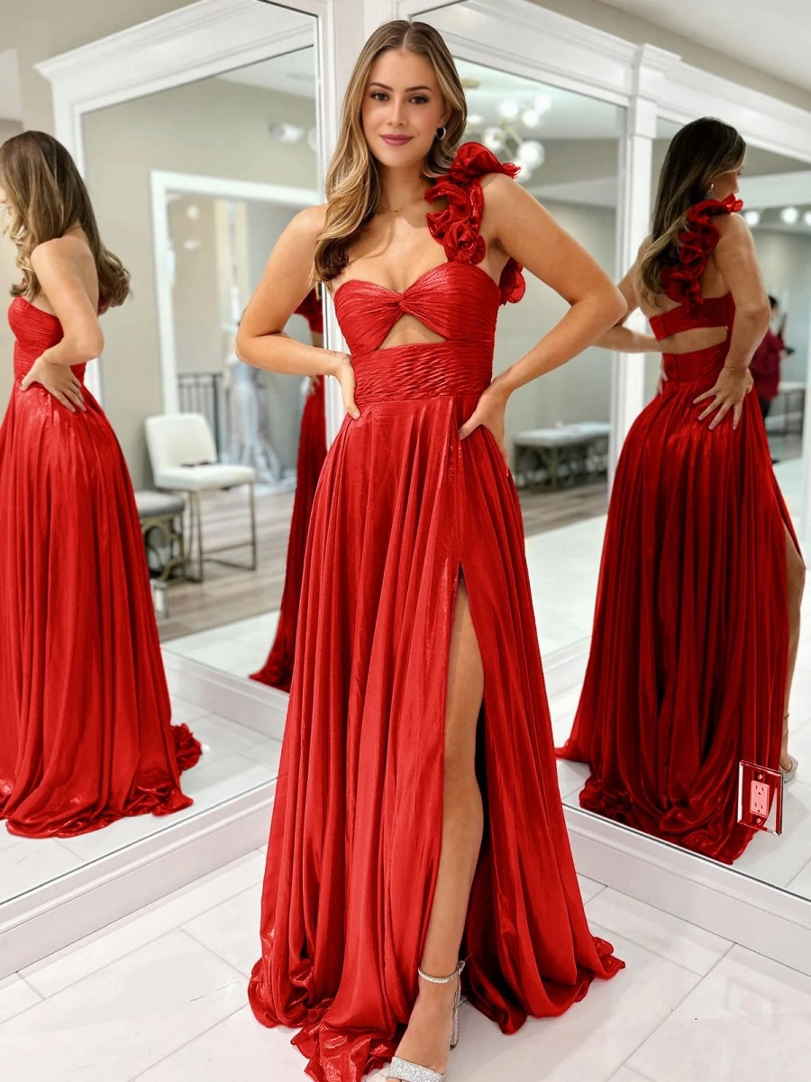 A-line One Shoulder Keyhole Pleated Metallic Prom Dresses with Slit