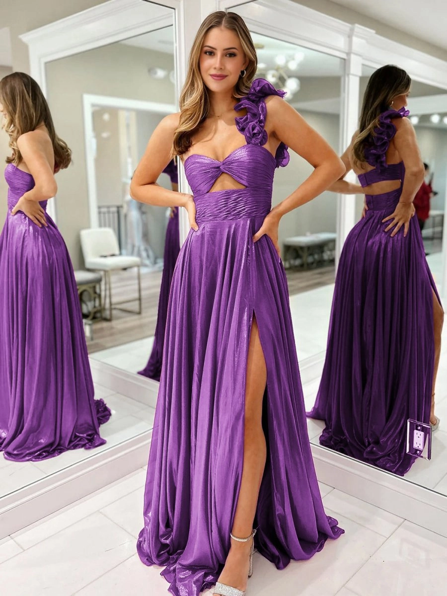 A-line One Shoulder Keyhole Pleated Metallic Prom Dresses with Slit