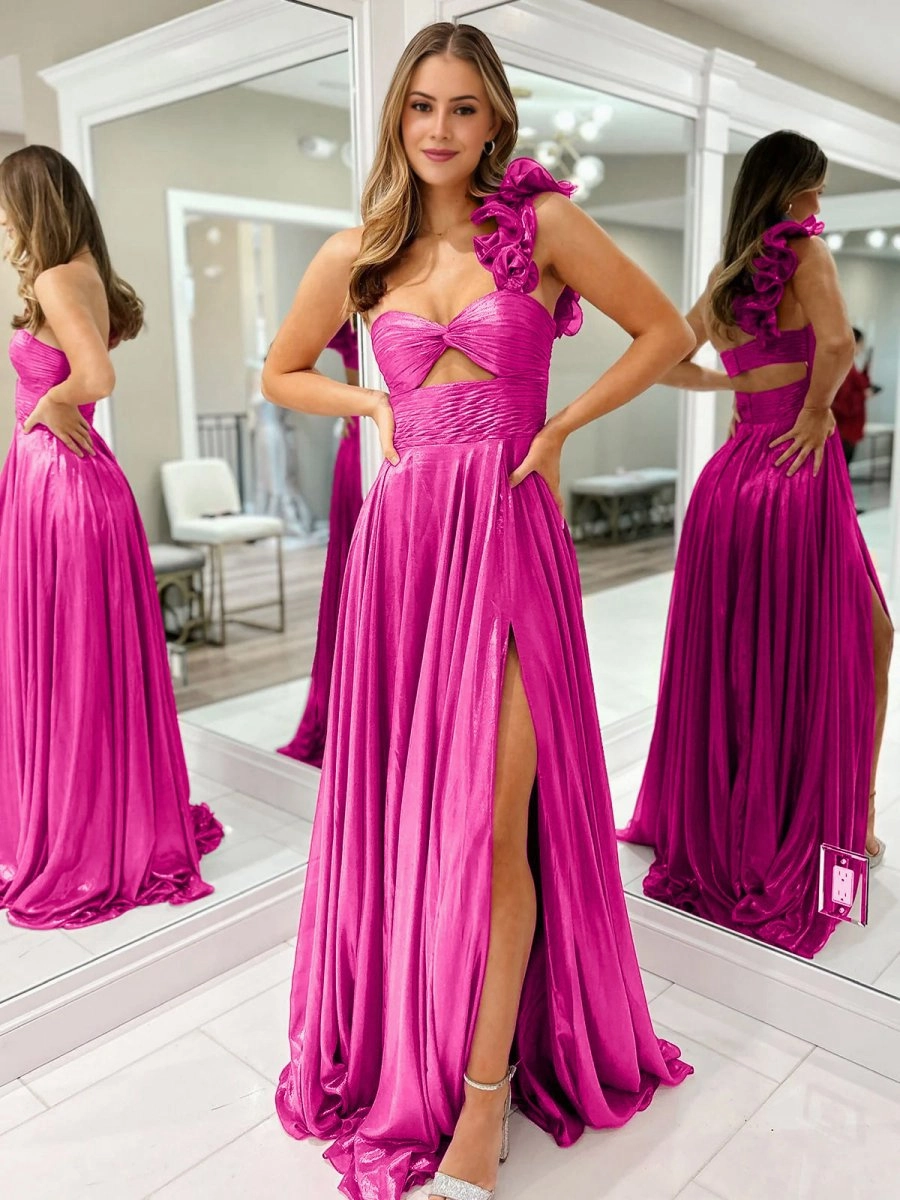 A-line One Shoulder Keyhole Pleated Metallic Prom Dresses with Slit
