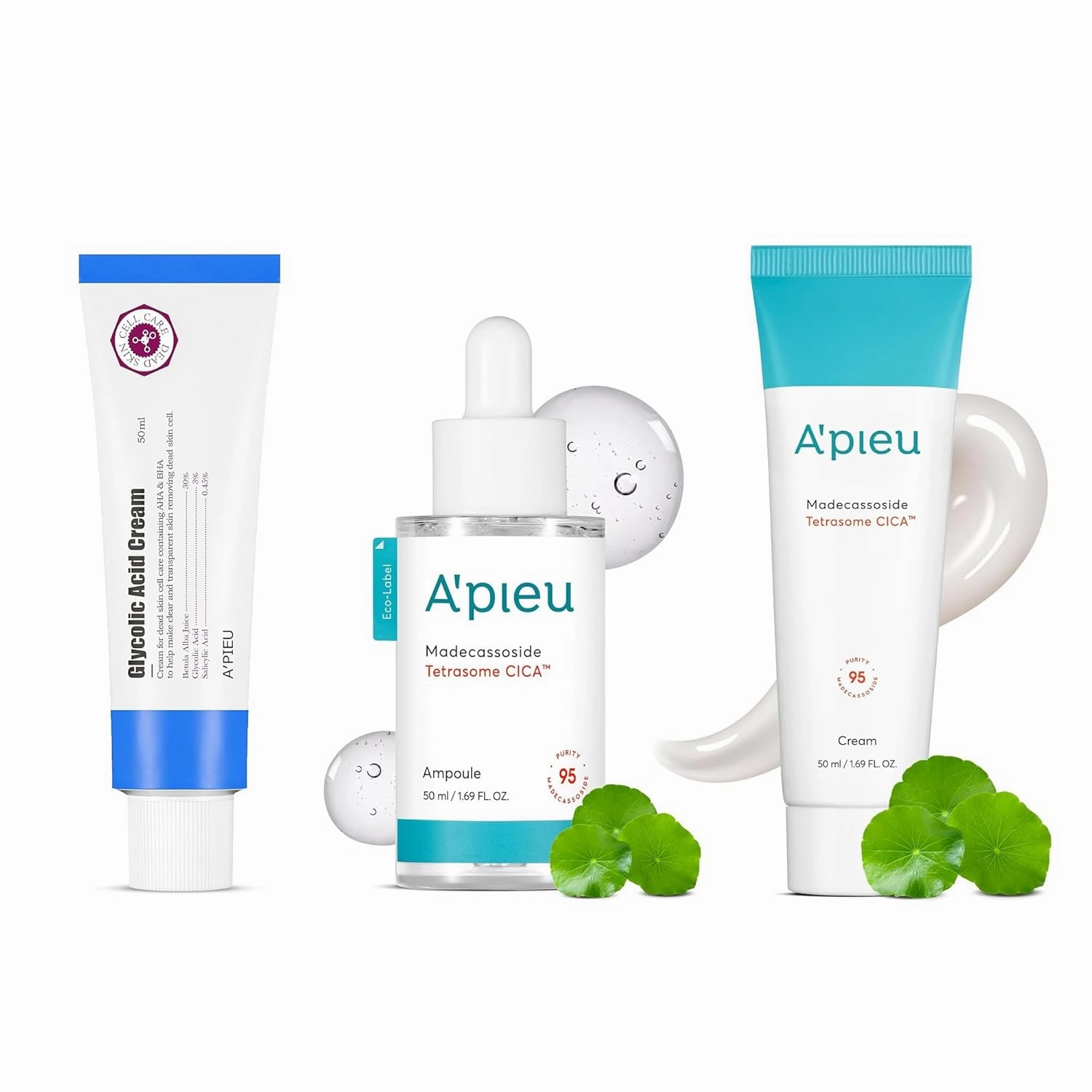 A'PIEU Madecassoside Tetrasome Cica Face Serum 1.69 Fl oz & Cream 1.69 fl oz   Glycolic Acid Cream, 1.69 fl oz - Enhanced Skin Barrier, Calming Effects - Centella Asiatica, Asiaticoside, Asiatic Acid