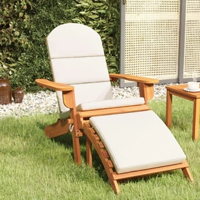 Adirondack Patio Chair with Footrest Solid Acacia Wood Foldable Lounge Chair Ergonomic Outdoor Furniture with Cream Cushions for Backyard Poolside Porch