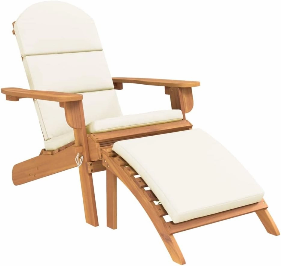 Adirondack Patio Chair with Footrest Solid Acacia Wood Foldable Lounge Chair Ergonomic Outdoor Furniture with Cream Cushions for Backyard Poolside Porch