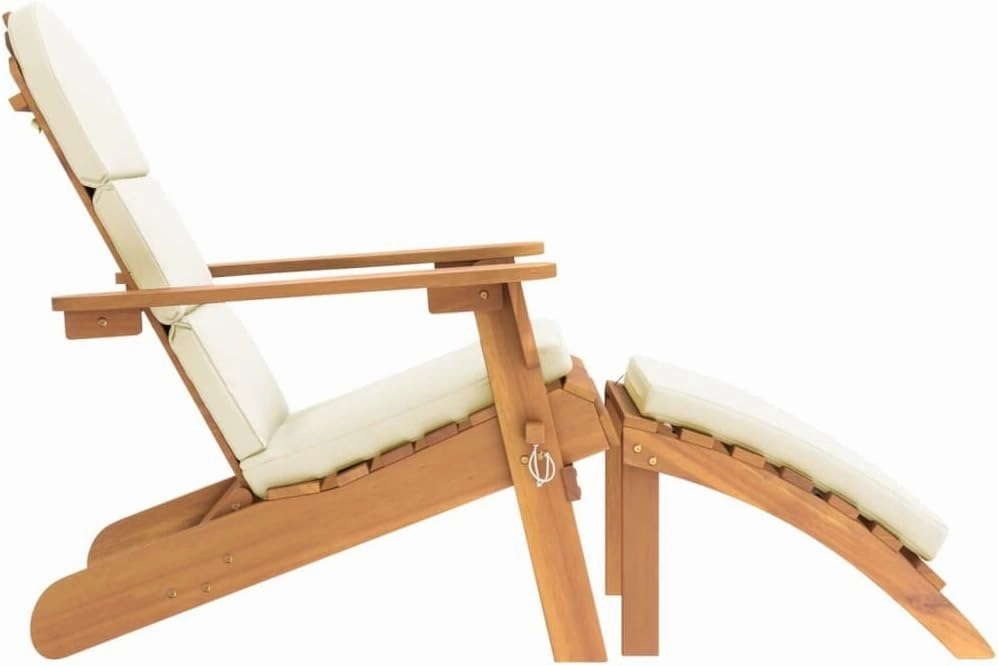 Adirondack Patio Chair with Footrest Solid Acacia Wood Foldable Lounge Chair Ergonomic Outdoor Furniture with Cream Cushions for Backyard Poolside Porch