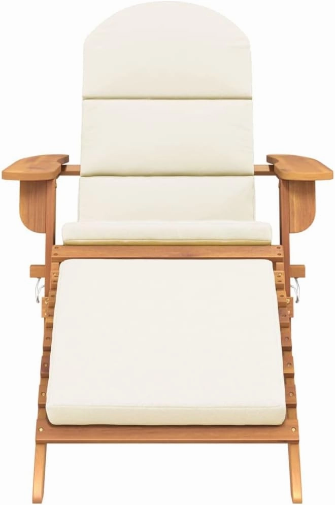 Adirondack Patio Chair with Footrest Solid Acacia Wood Foldable Lounge Chair Ergonomic Outdoor Furniture with Cream Cushions for Backyard Poolside Porch