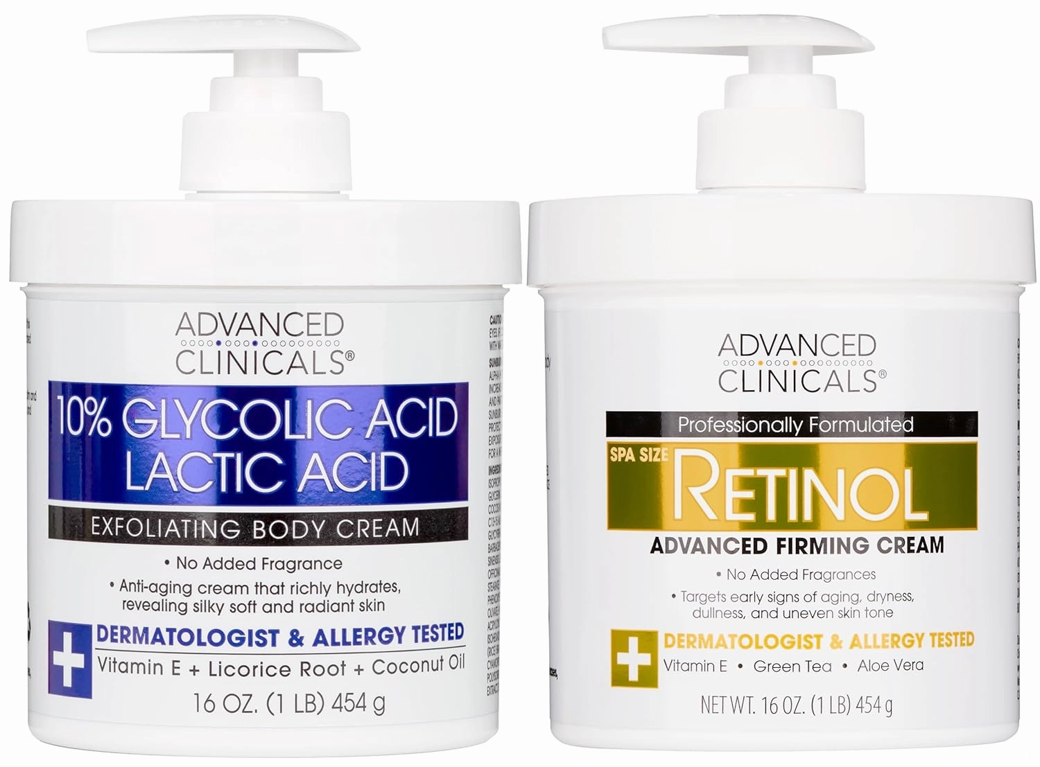Advanced Clinicals 10% Glycolic Acid   Lactic Acid Exfoliating Body Cream   Retinol Firming Body Cream Set