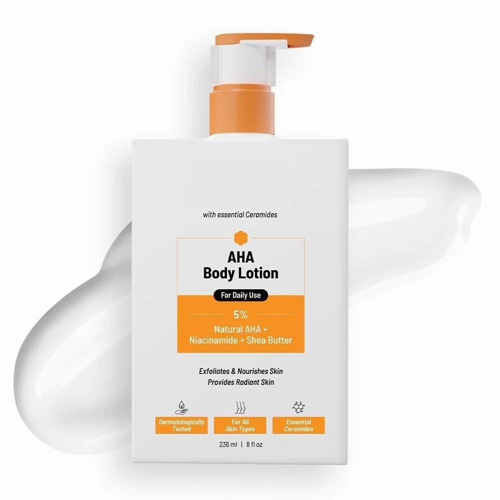 AHA Body Lotion with 5% Natural AHA, Niacinamide, Shea Butter, Exfoliating Dry & Dead Skin Cells | Provides Deep Nourishment, Moisturization & Radiant Skin | Reduces tan & Appearance | 236ml
