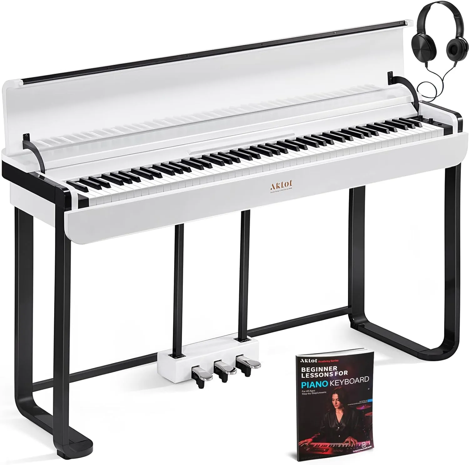 AKLOT Modern Weighted Keyboard Piano: 88-Key Graded Hammer Action Digital Piano, ​Silent Soft-Fall Cover, U-Stand, Triple Pedal, MIDI, Headphone, Beginner Lesson Book (AUR-LS03 Pearl White)