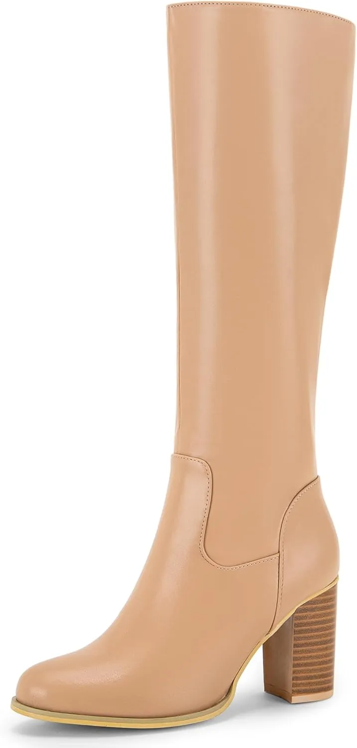 Allegra K Women's Round Toe Block Heeled Knee High Boots