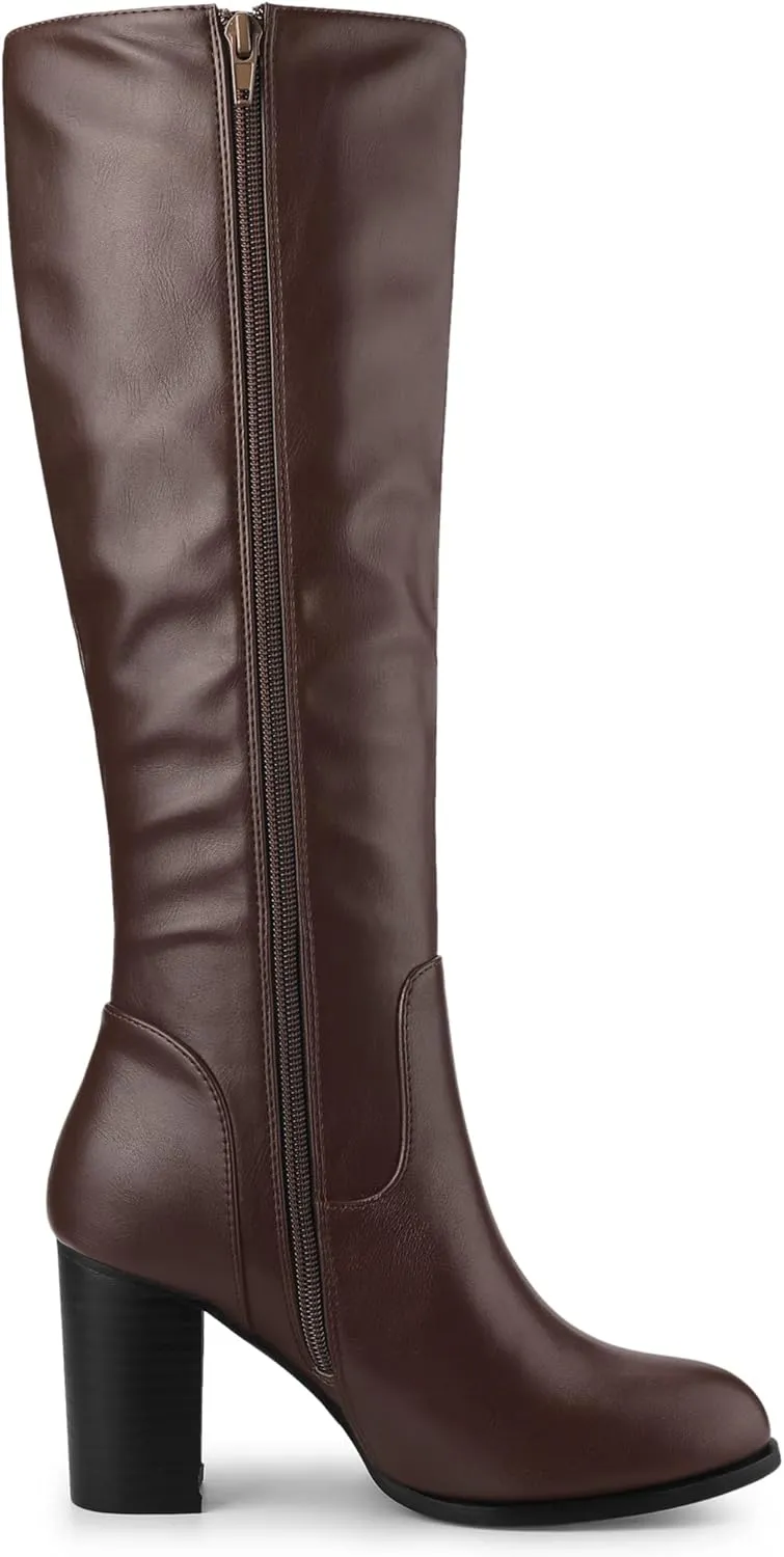 Allegra K Women's Round Toe Block Heeled Knee High Boots