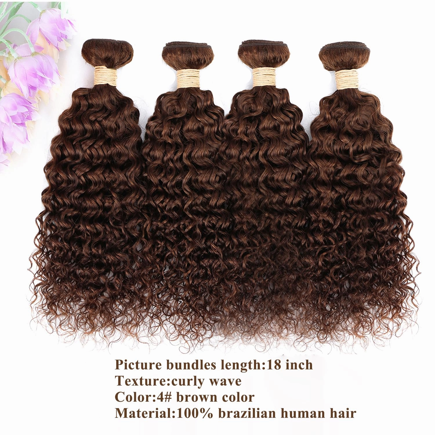 ALLRUN Brown Human Hair Bundles Curly 4 Bundles Curly Wave Chocolate Brown Human Hair Unprocessed Brazilian Remy Hair Extensions 4# Color 12 14 16 16 Inch