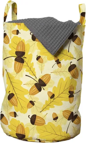 Ambesonne Autumn Laundry Bag, Fall Seasonal Pattern of Oak Leaves and Acorns Ecology Elements Nature Print, Hamper Basket with Handles Drawstring Closure for Laundromats, 13" x 19", Yellow Cream Brown