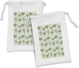 Ambesonne Botany Fabric Pouch Set of 2, Large Evergreen Palm Leaves on Retro Hexagonal Geometric Forms Vintage Design, Small Drawstring Bag for Toiletries Masks and Favors, 9" x 6", Olive Green Cream