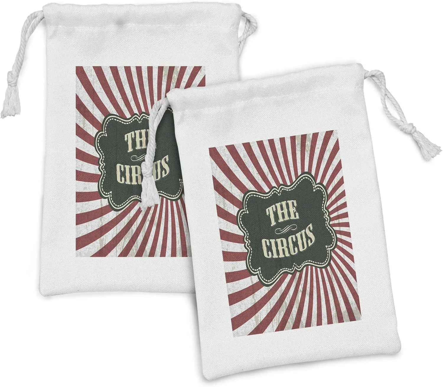 Ambesonne Circus Fabric Pouch Set of 2, Classical Circus Show Event Advertisement Theme Antique Art Logotype Print, Small Drawstring Bag for Toiletries Masks and Favors, 9" x 6", Emerald Cream Ruby