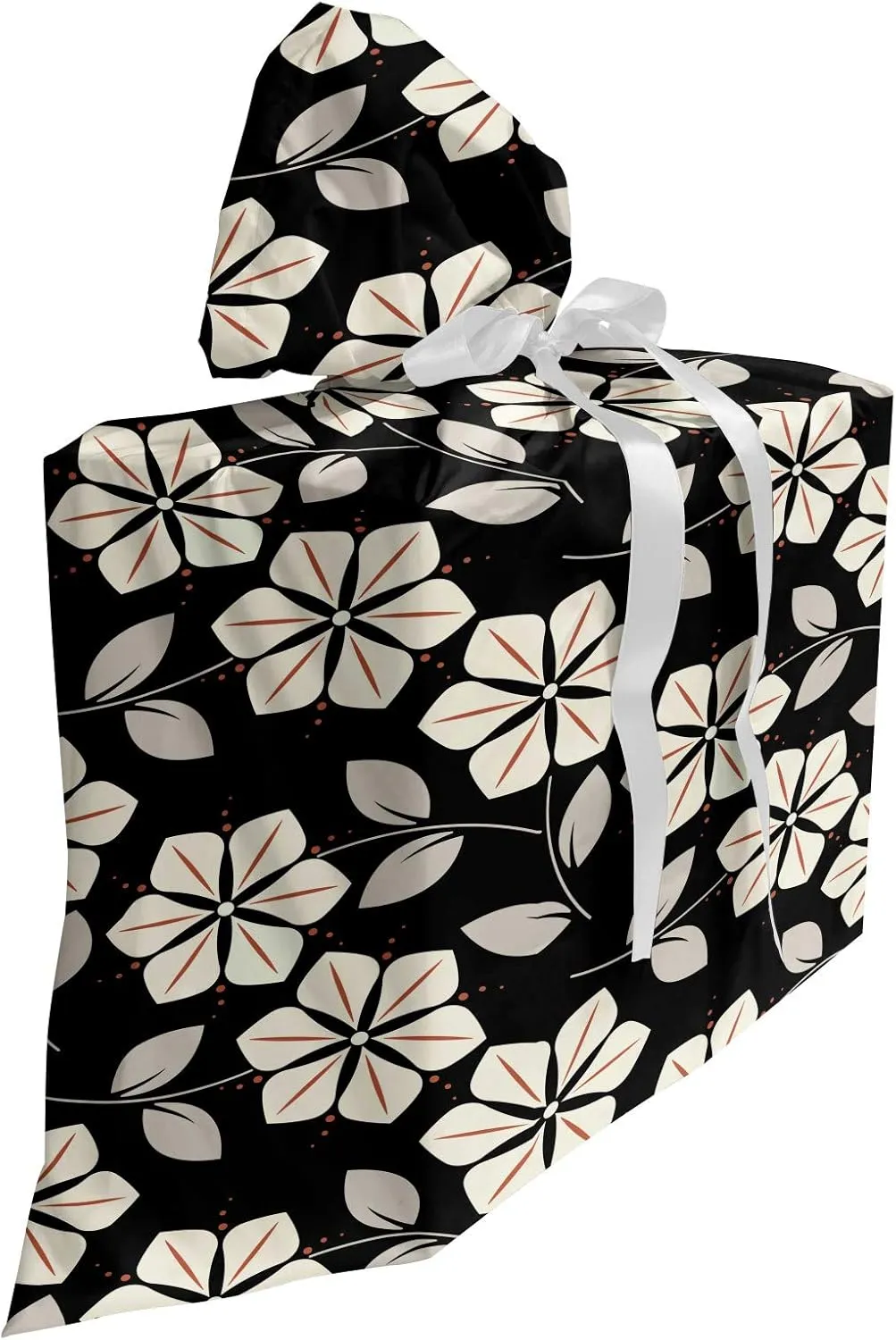 Ambesonne Flower Gift Bag, Leaves and Stalks on Dark Toned Background Simplistic Nature, Fabric Party Favor Pouch with 3 Ribbons, 27, Cream Burnt Orange