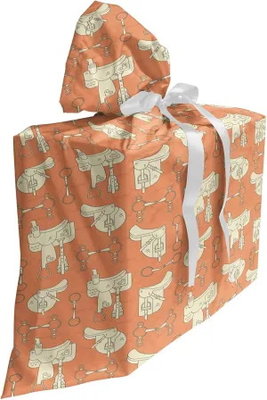 Ambesonne Horse Gift Bag, Demonstration of Saddles and Bits Riding Western Elements Vintage Theme, Fabric Party Favor Pouch with 3 Ribbons, 27, Dark Peach and Cream