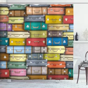 Ambesonne Modern Shower Curtain, Colorful Suitcases Background Vintage Travel Voyage Holiday Themed Design, Cloth Fabric Bathroom Decor Set with Hooks, 69" W x 75" L, Earth Yellow Cream Ruby