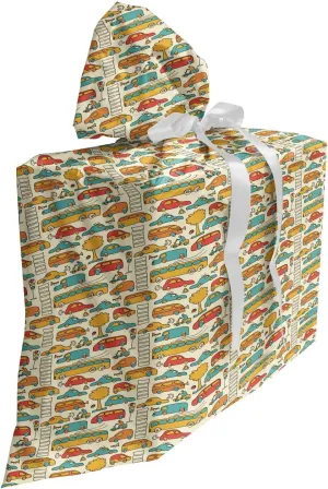 Ambesonne Transportation Gift Bag, Rhythmic Bus Cars Motorcycles Trees Traffic Pedestrian Crossing, Fabric Party Favor Pouch with 3 Ribbons, 27, Cream and Multicolor