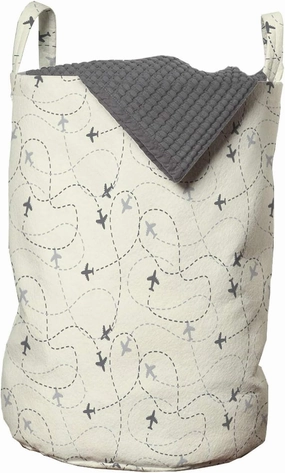 Ambesonne Airplane Print Laundry Bag, Minimalist Modern Pattern of Traveling Themed Silhouettes Simple Ornament, Hamper Basket with Handles Drawstring Closure for Laundromats, 13" x 19", Cream Grey