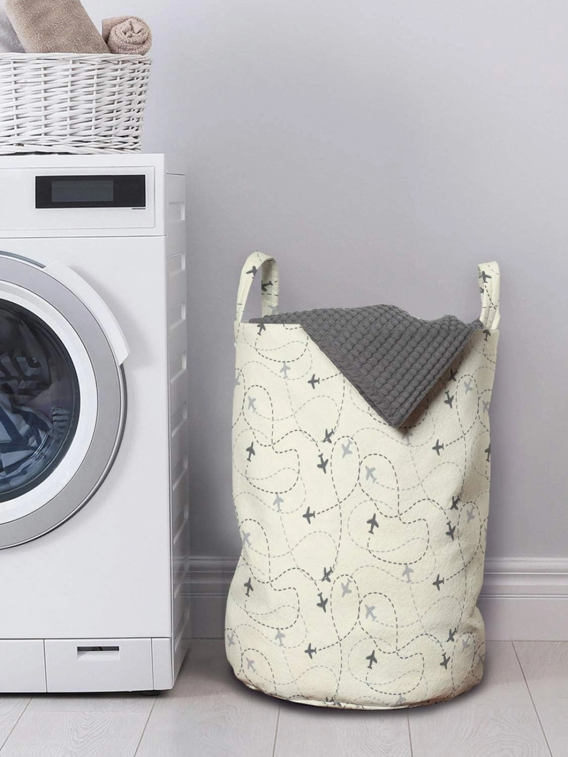 Ambesonne Airplane Print Laundry Bag, Minimalist Modern Pattern of Traveling Themed Silhouettes Simple Ornament, Hamper Basket with Handles Drawstring Closure for Laundromats, 13" x 19", Cream Grey