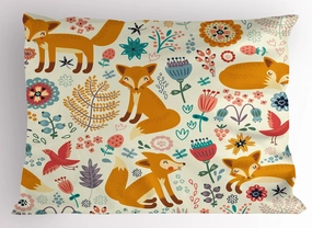 Ambesonne Fox Pillow Sham, Natural Wildlife Composition with Foxes Ornate Flowers Flying Birds Kids Nursery, Decorative Standard Queen Size Printed Pillowcase, 30" X 20", Cream Orange