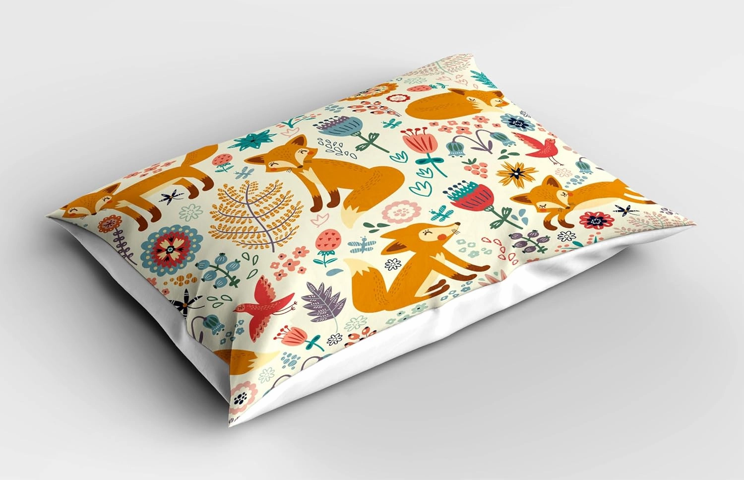 Ambesonne Fox Pillow Sham, Natural Wildlife Composition with Foxes Ornate Flowers Flying Birds Kids Nursery, Decorative Standard Queen Size Printed Pillowcase, 30" X 20", Cream Orange