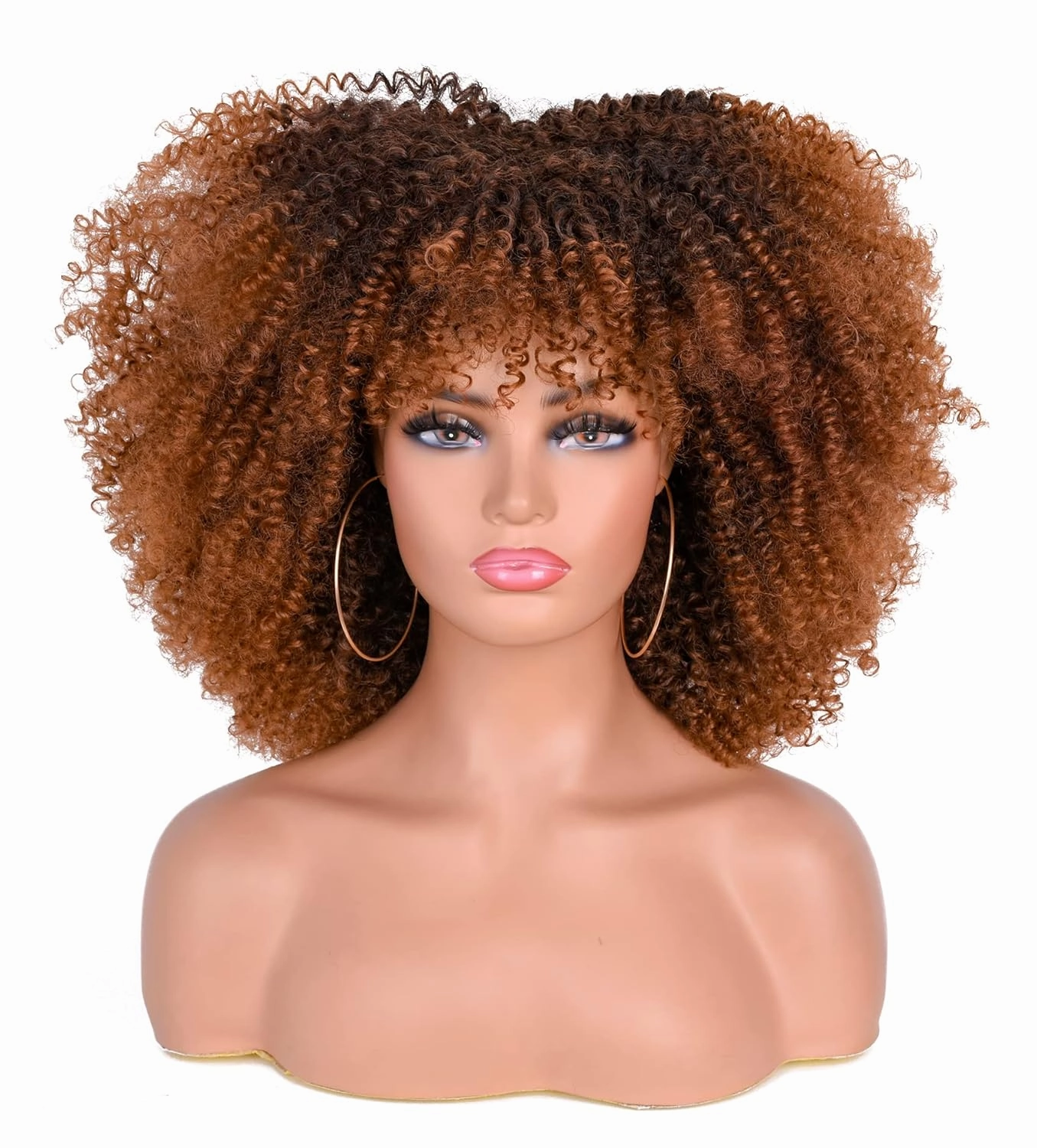 ANNISOUL 14Inch Short Curly Afro Wigs for Black Women Bomb Afro Kinky Curly Wig with Bangs Synthetic Fiber Full Wig(Black to Brown)