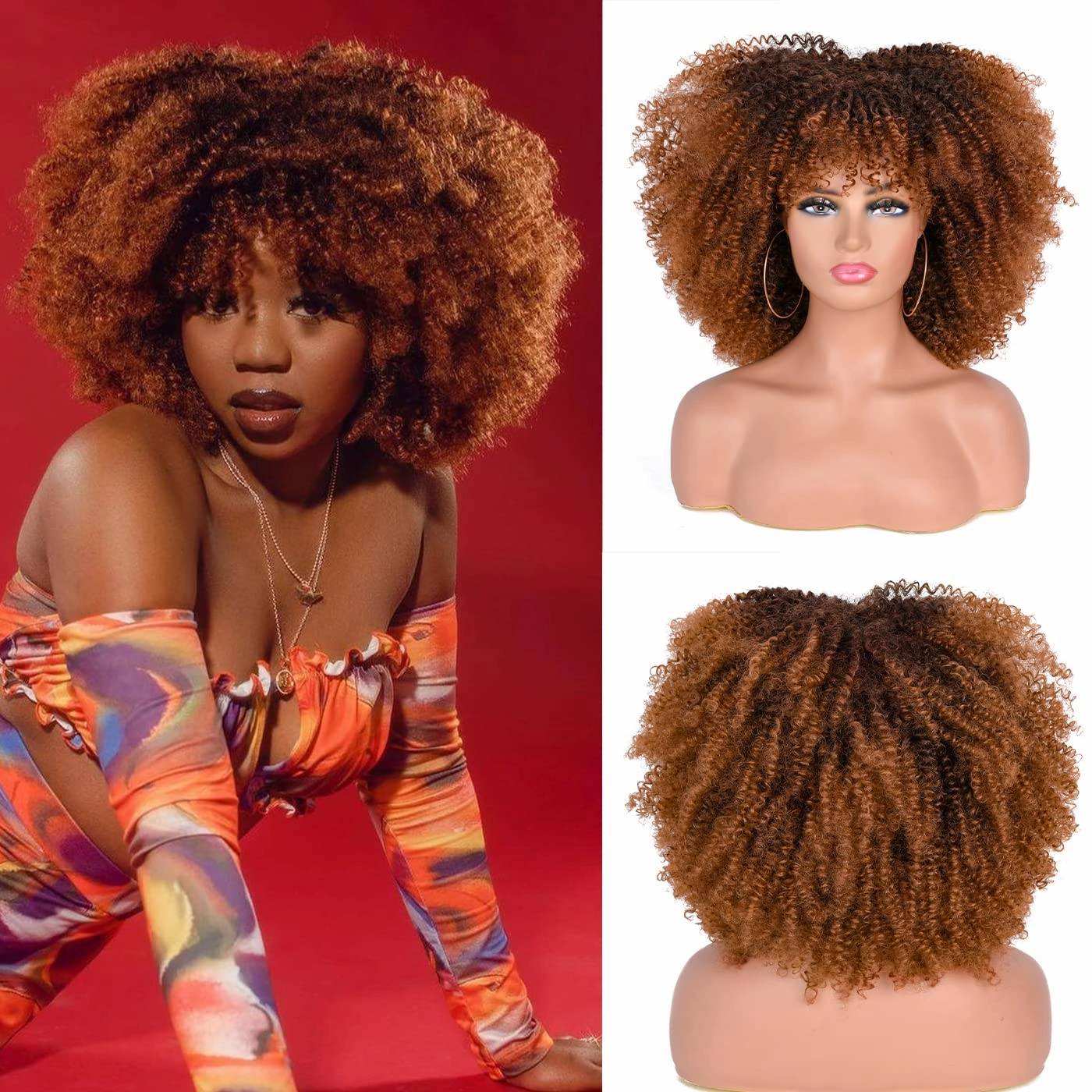 ANNISOUL 14Inch Short Curly Afro Wigs for Black Women Bomb Afro Kinky Curly Wig with Bangs Synthetic Fiber Full Wig(Black to Brown)