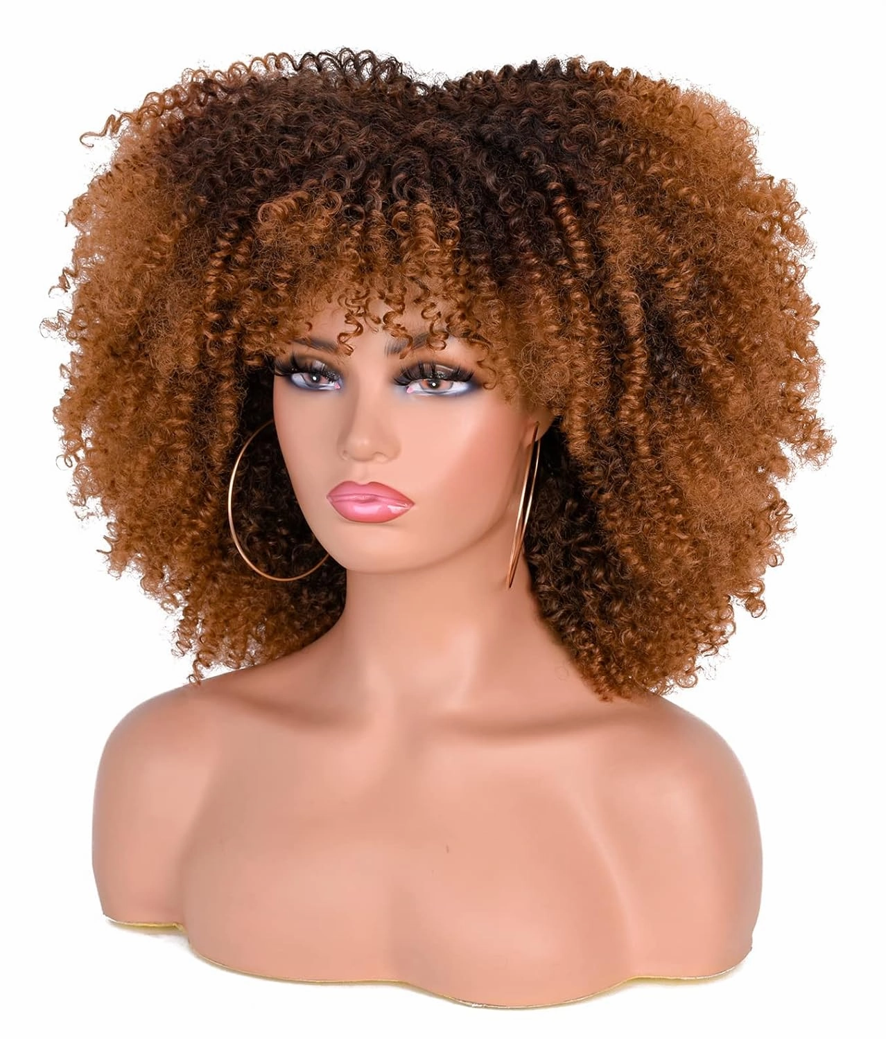 ANNISOUL 14Inch Short Curly Afro Wigs for Black Women Bomb Afro Kinky Curly Wig with Bangs Synthetic Fiber Full Wig(Black to Brown)