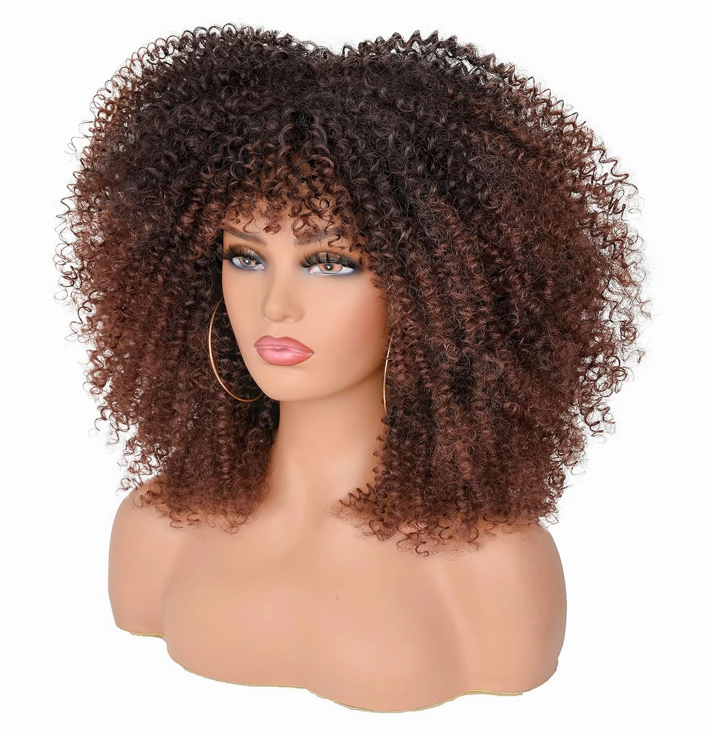 ANNISOUL 14Inch Short Curly Afro Wigs for Black Women Bomb Afro Kinky Curly Wig with Bangs Synthetic Fiber Full Wig(Dark Brown)