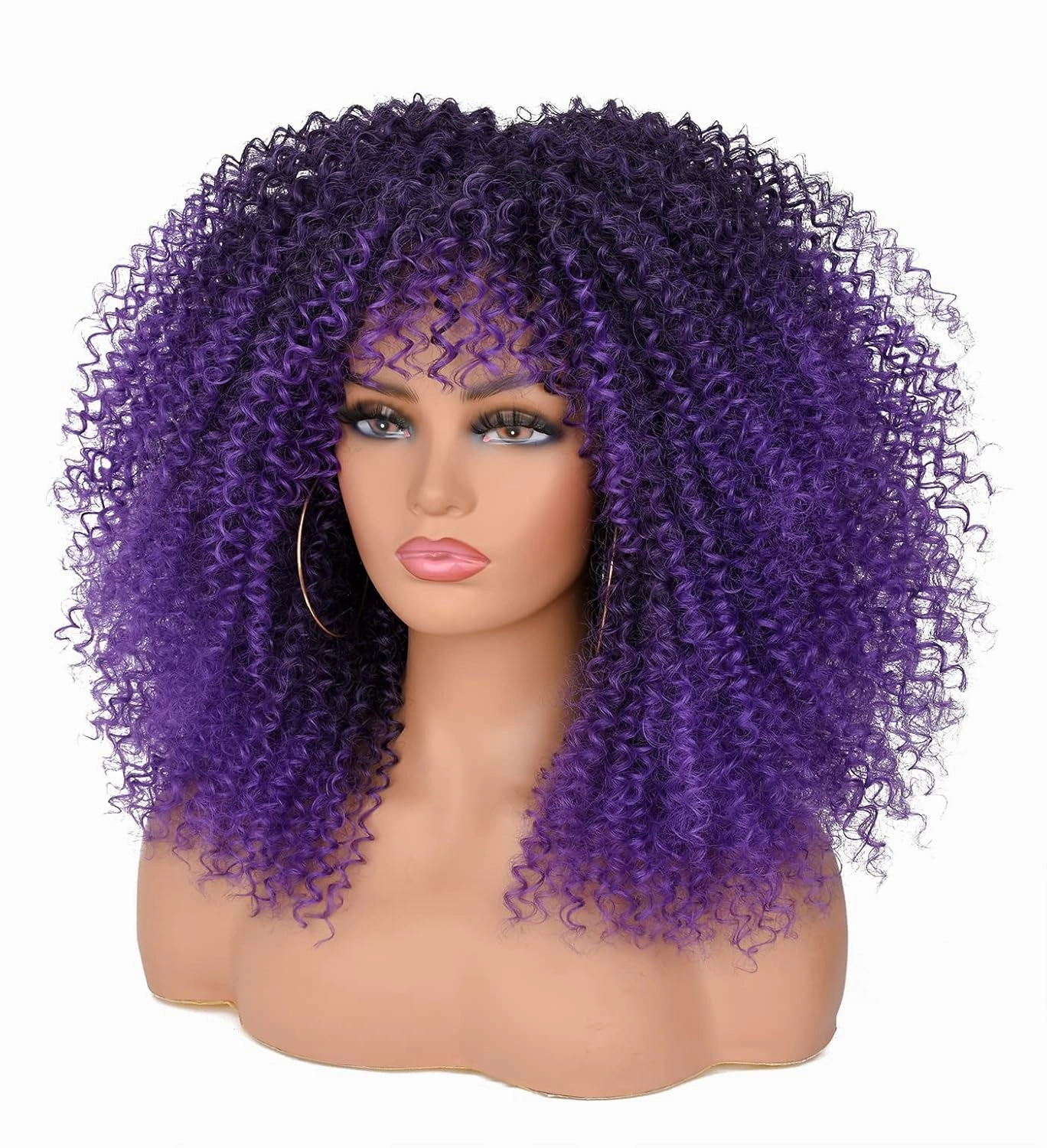 ANNISOUL 16Inch Curly Wigs for Black Women Black Ombre Purple Afro Bomb Curly Wig with Bangs Synthetic Fiber Glueless Long Kinky Curly Hair